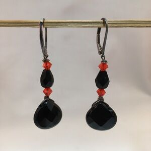 Black and Orange Briolette Faceted Drop Earrings